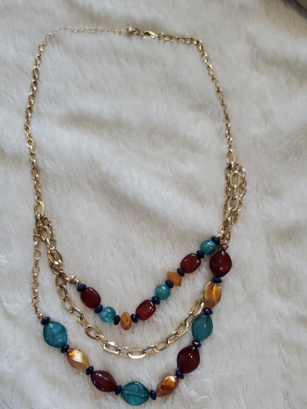 Gold Multi-Strand Beaded Statement Necklace - Teal, Amber, Garnet